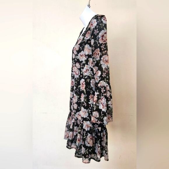 ONE HART Black Teal Floral V Neck Bell Sleeves Ruffle Hem Mini Dress Size M - Picture 4 of 13